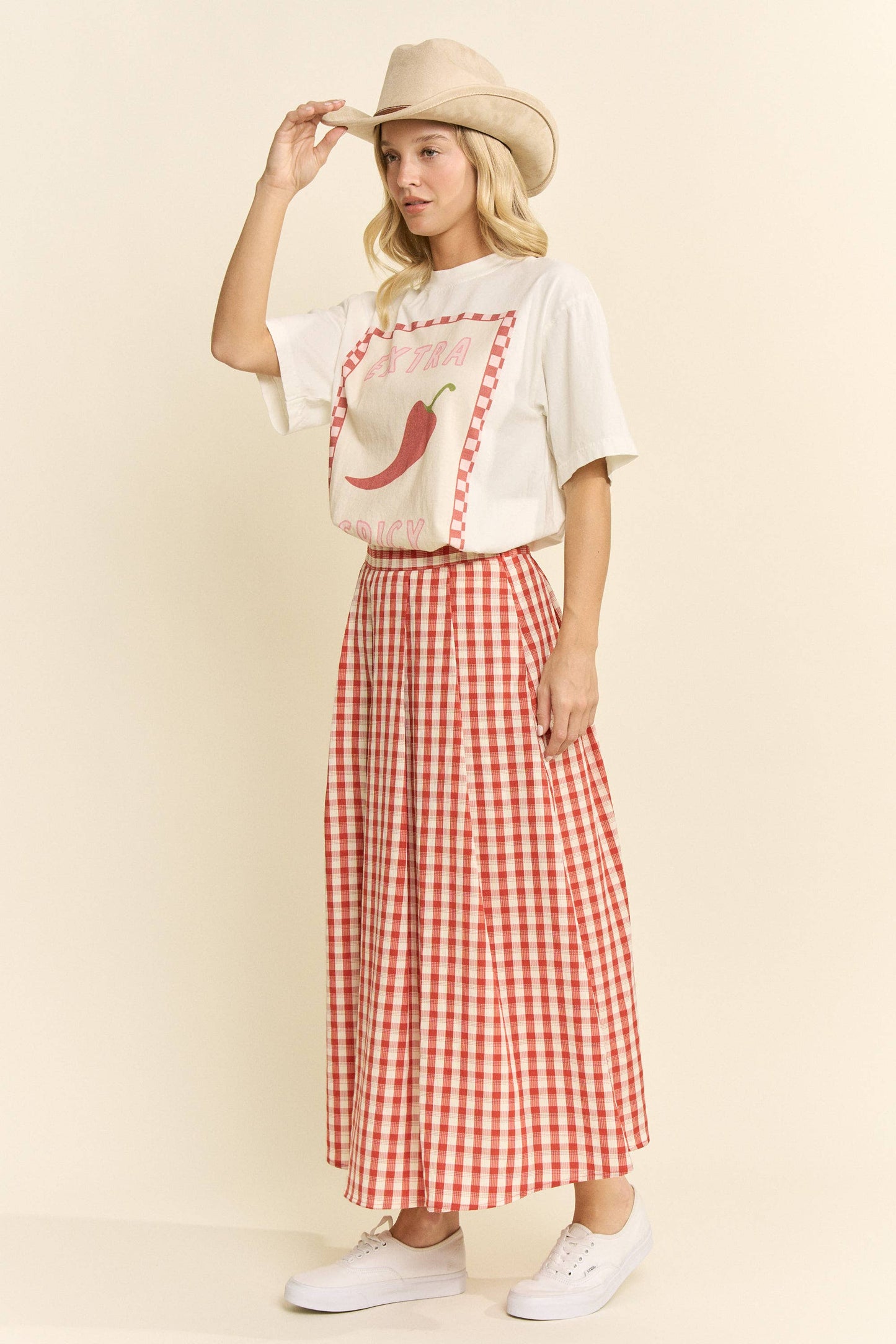 Plus Size, Gingham Midi Skirt, Red & Black Gingham