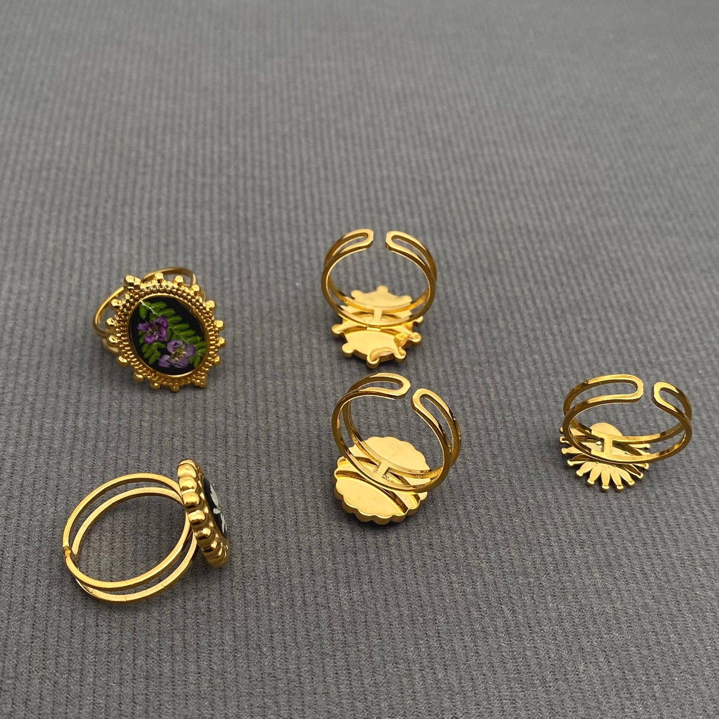 Dried Flower Adjustable Floral Rings, 18k Gold Plated