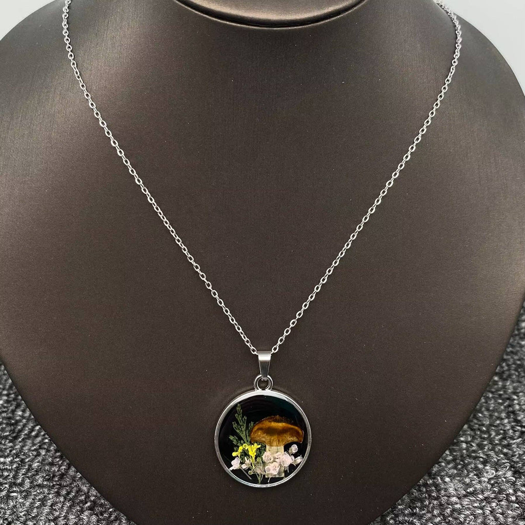 Dried Flower & Mushroom Round Charm Necklace, Stainless Steel Silver Color