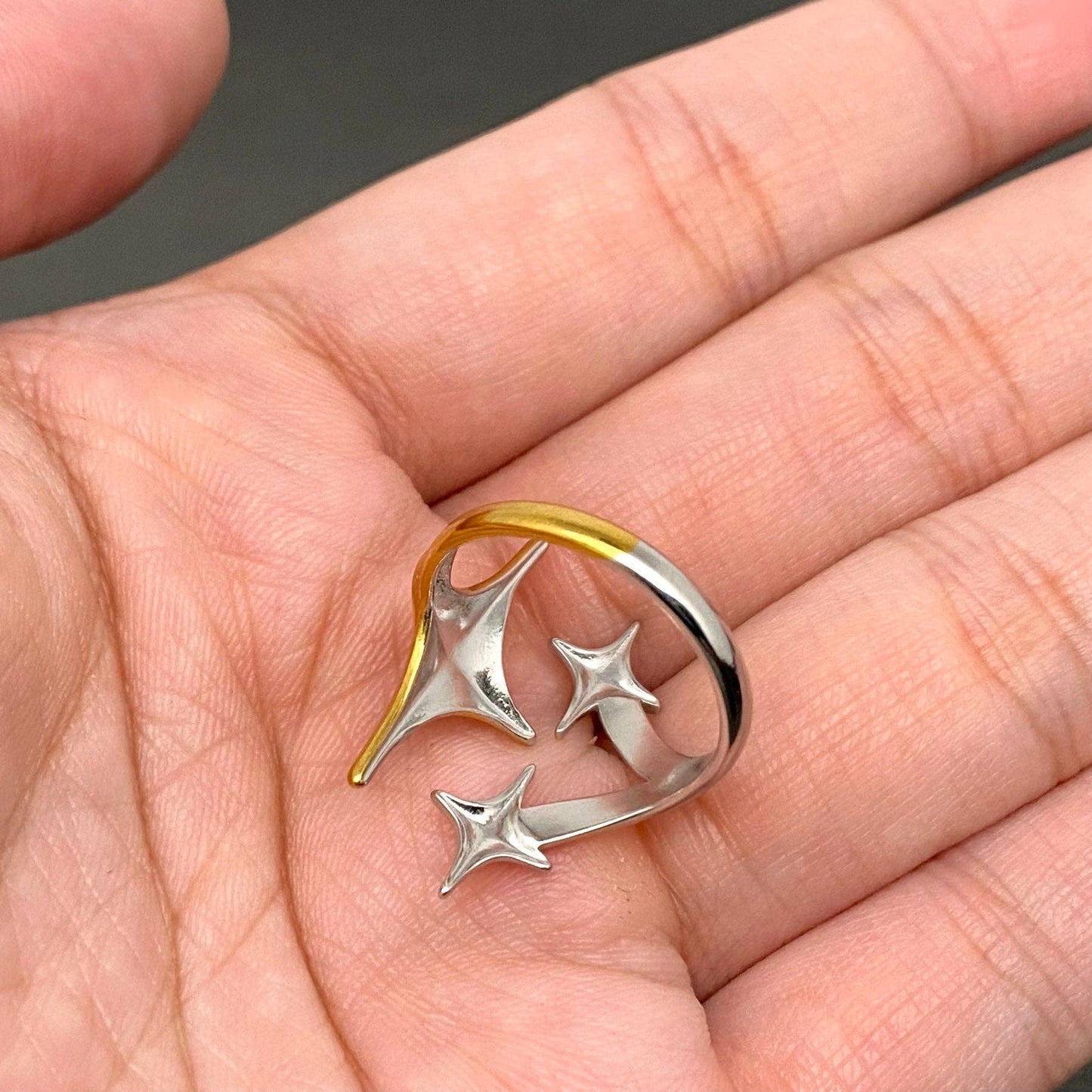 Two-Tone Three Stars Sparkle Adjustable Ring, 18K Gold Plated, Stainless Steel