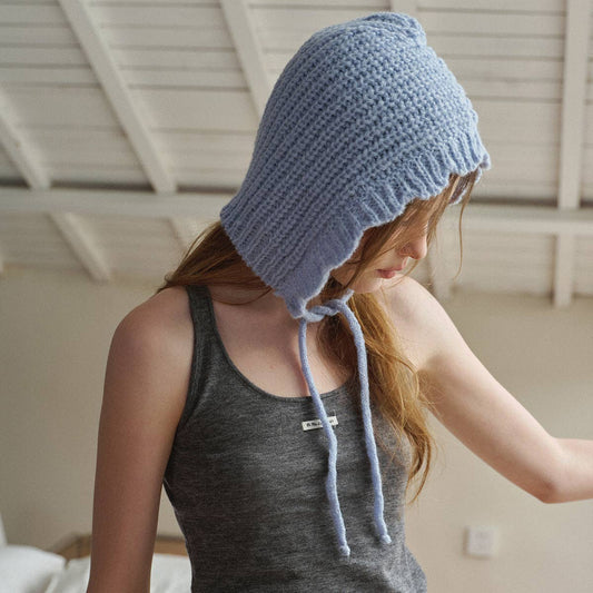 Dusty Blue Irregular Lace Knit Wool Tie-Up Bonnet