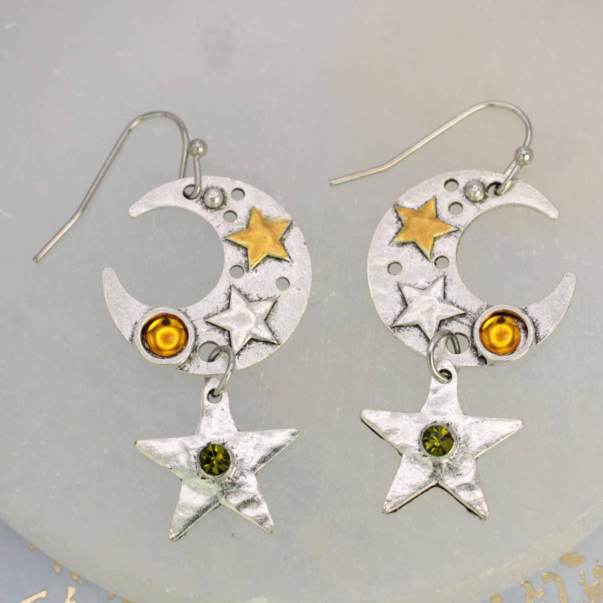 Silver Color Moon and Star Jewel Dangle Earrings