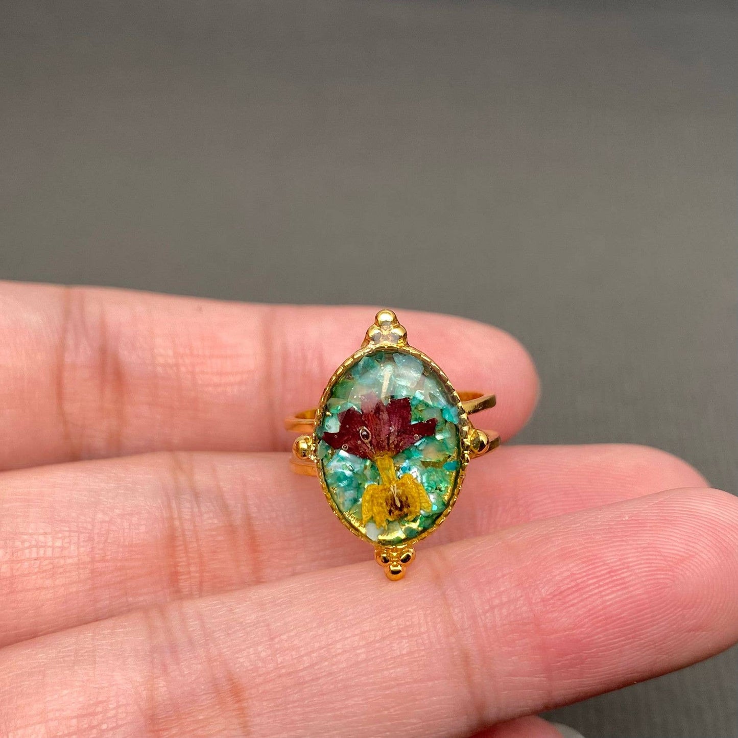 Dried Flower Adjustable Floral Rings, 18k Gold Plated