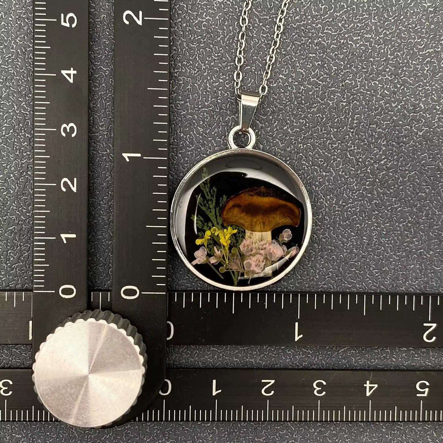 Dried Flower & Mushroom Round Charm Necklace, Stainless Steel Silver Color