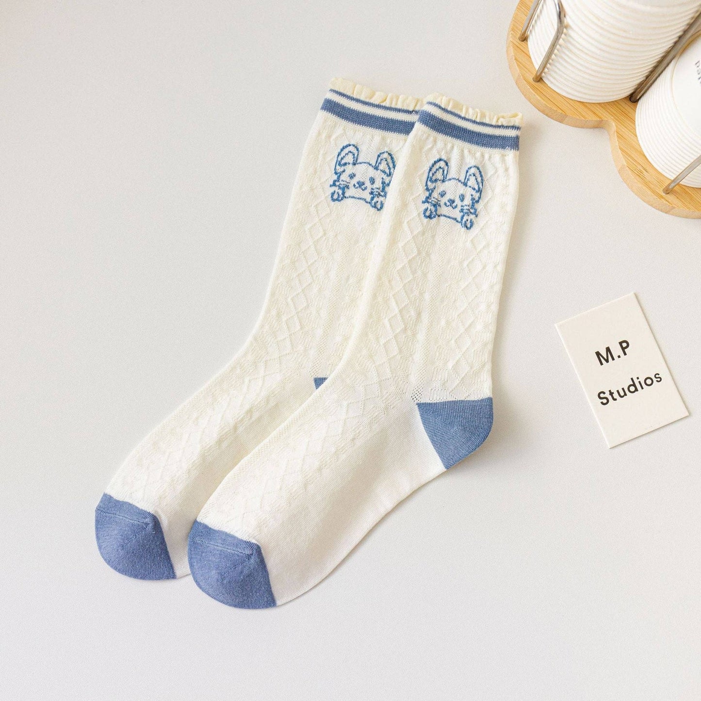 Cute Bunny Socks in Light Blue and White
