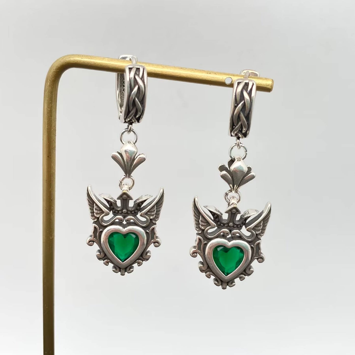 Gothic Vintage-Style Crown Heart Charm Huggie Dangle Earrings, Aged Silver Plated