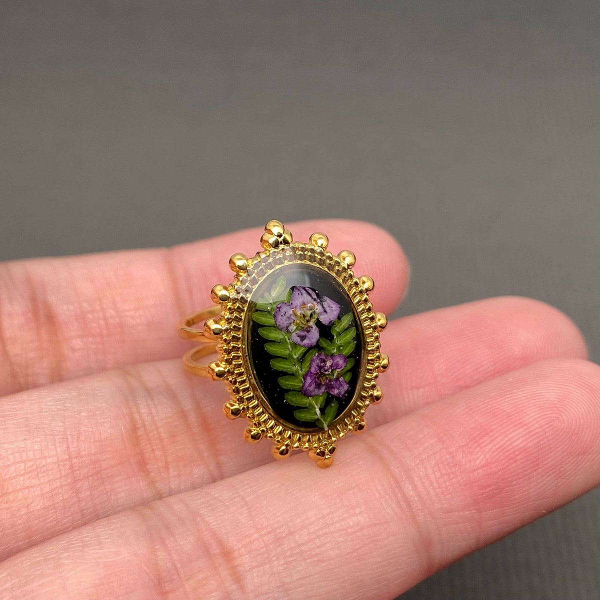 Dried Flower Adjustable Floral Rings, 18k Gold Plated
