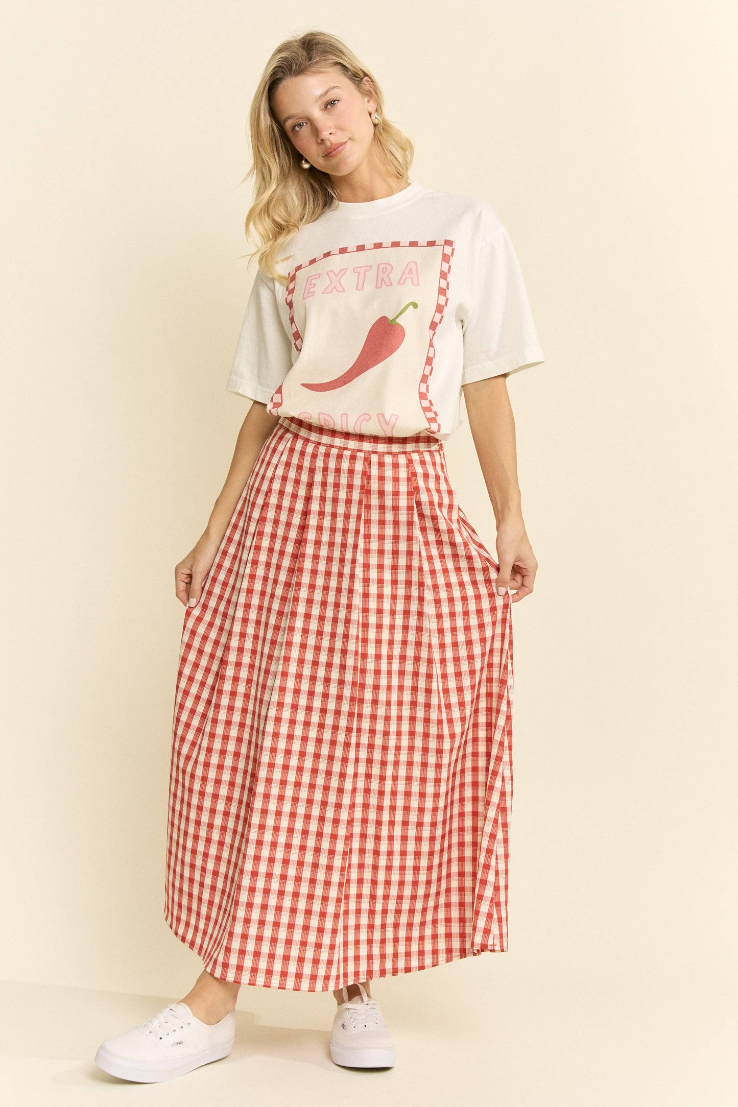 Plus Size, Gingham Midi Skirt, Red & Black Gingham