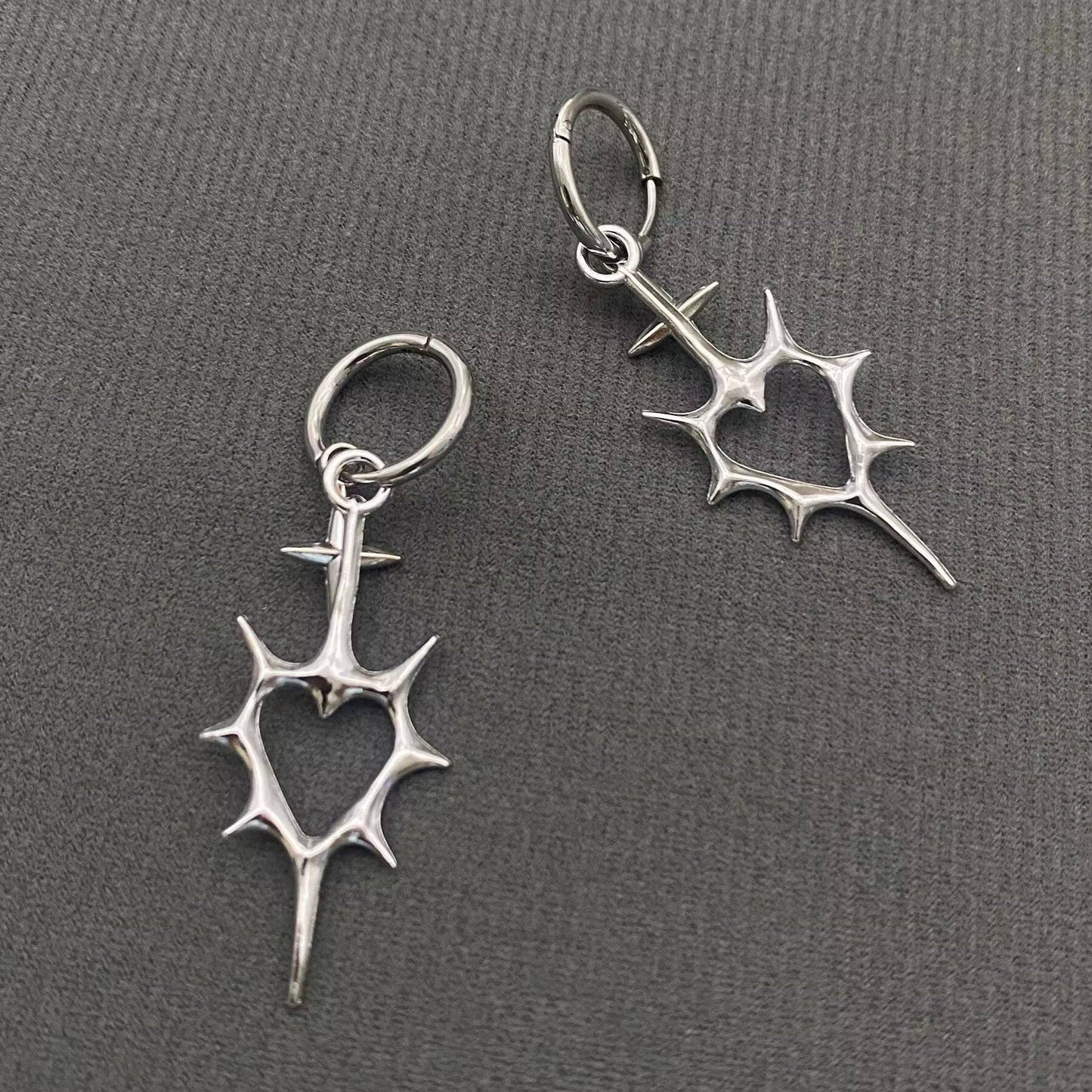 Gothic Drippy Thorns Hollow Heart Huggie Earrings, Silver Color