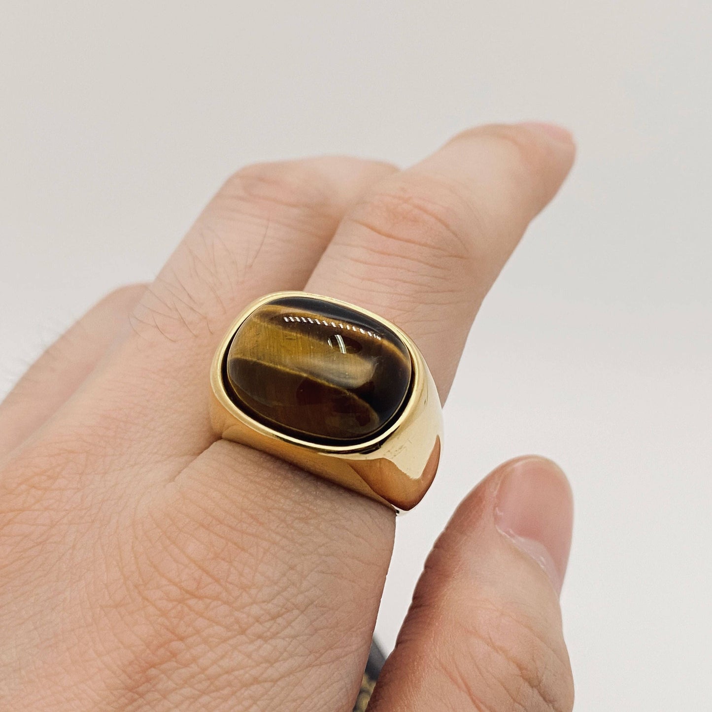 Tiger Eye Stone Men's Stainless Steel Ring, Size 7