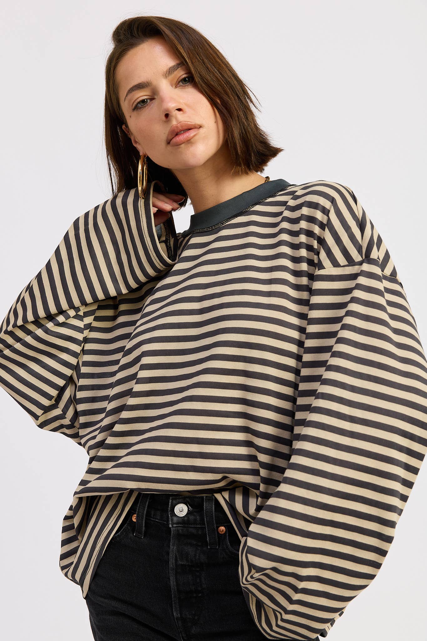 Emory Park • Oversized Stripe Taupe Long Sleeve Top