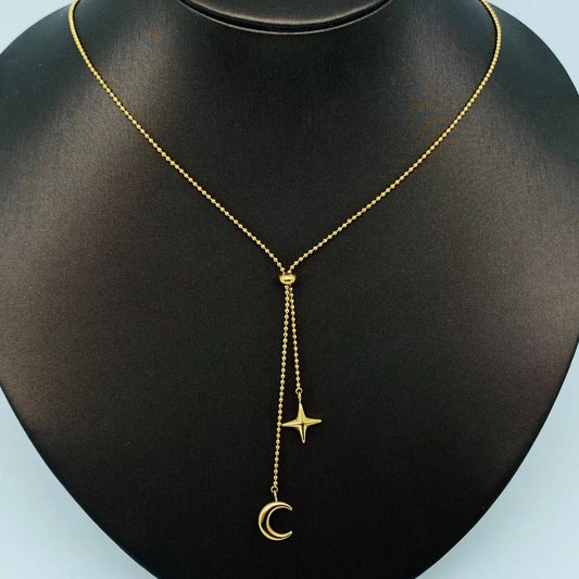 Star Moon Charm Bolo Style 18K Gold Plated Necklace