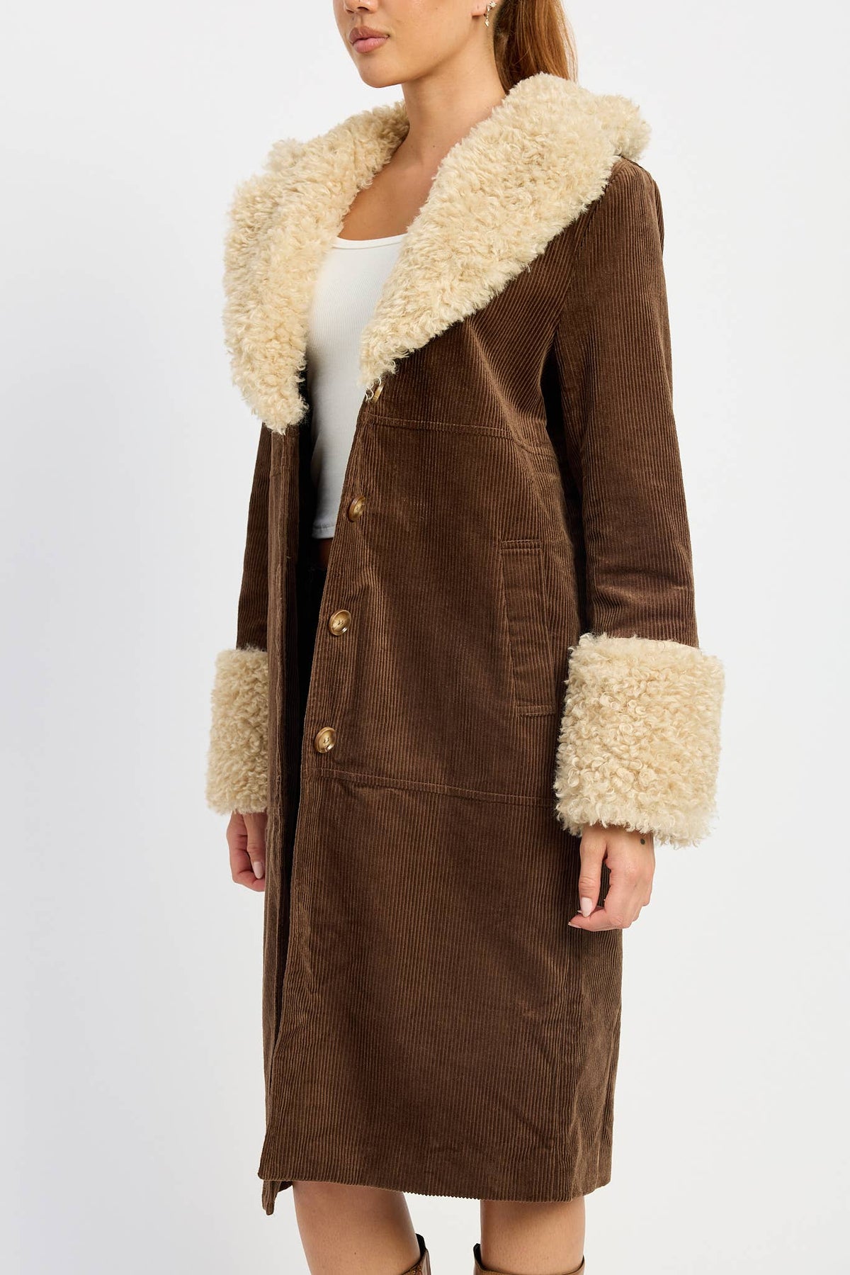 Emory Park • Mid-Length Trench Coat, Faux White Fur