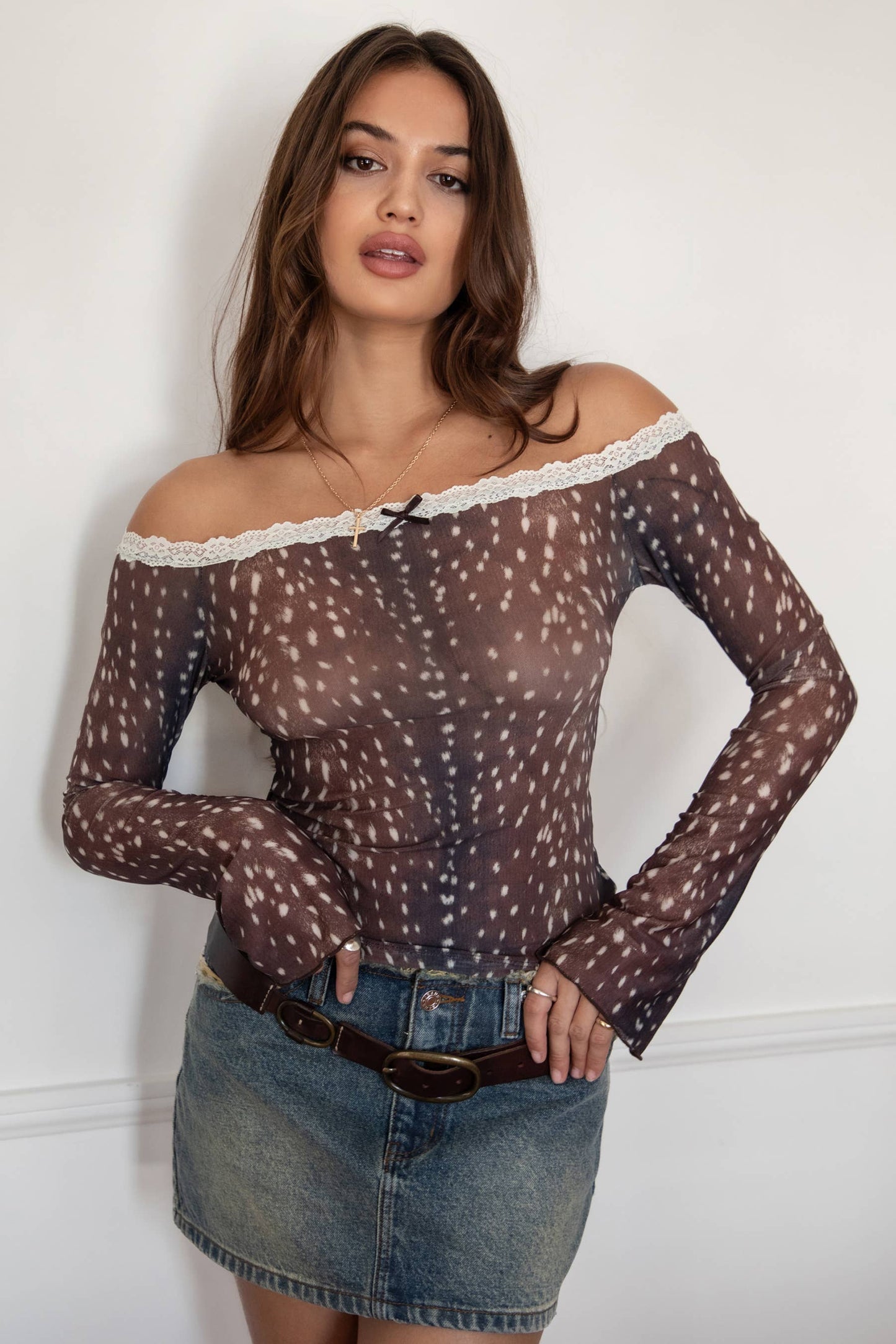 Fawn Doe Deer Mesh Dainty Lace Trim Off-the-Shoulder Top