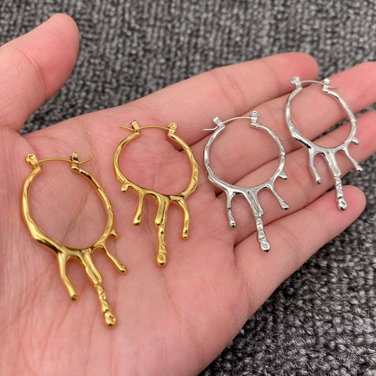 Lava Drippy Hoop Earrings, 18k Gold Plated, Stainless Steel Silver