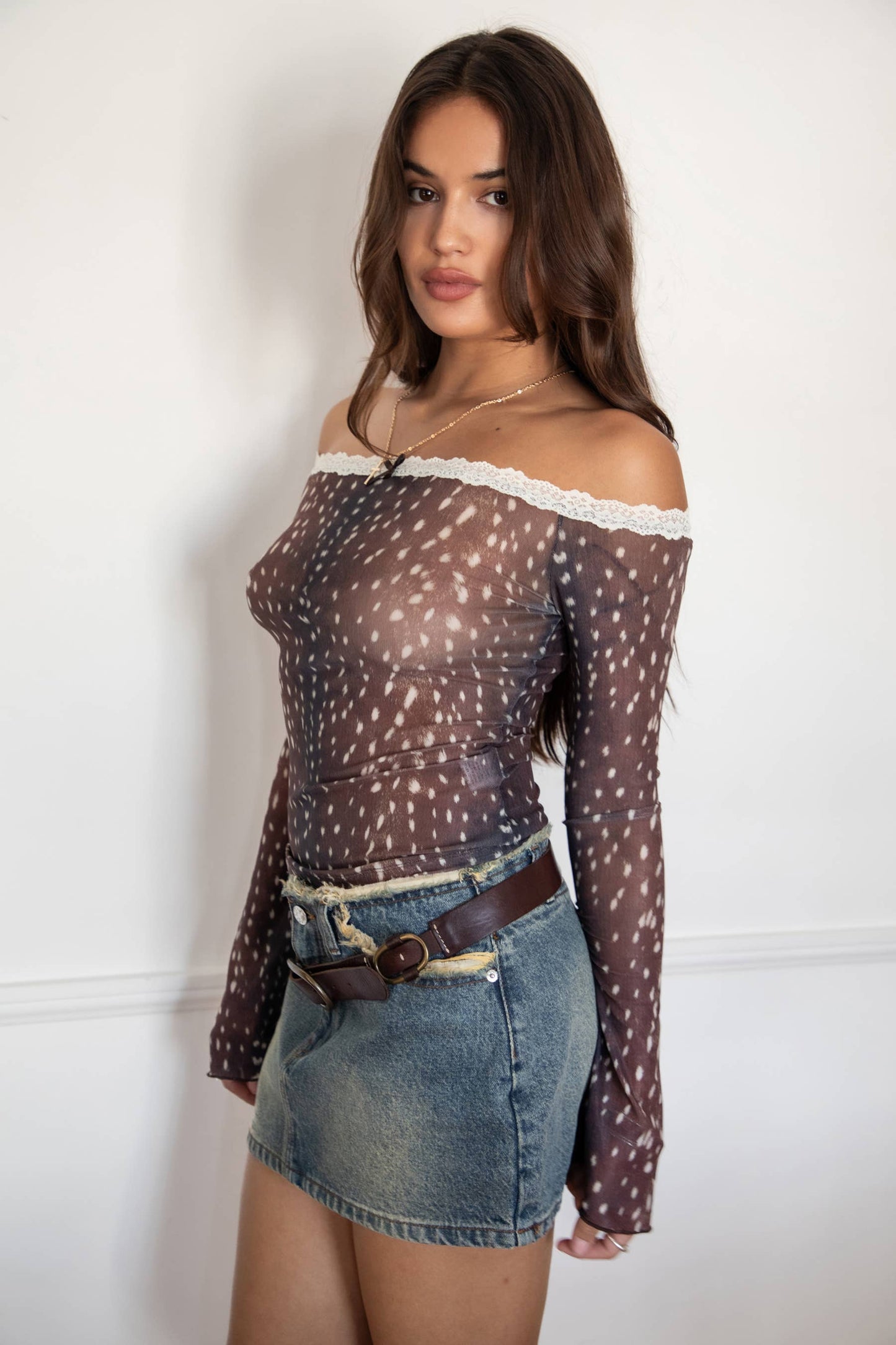 Fawn Doe Deer Mesh Dainty Lace Trim Off-the-Shoulder Top