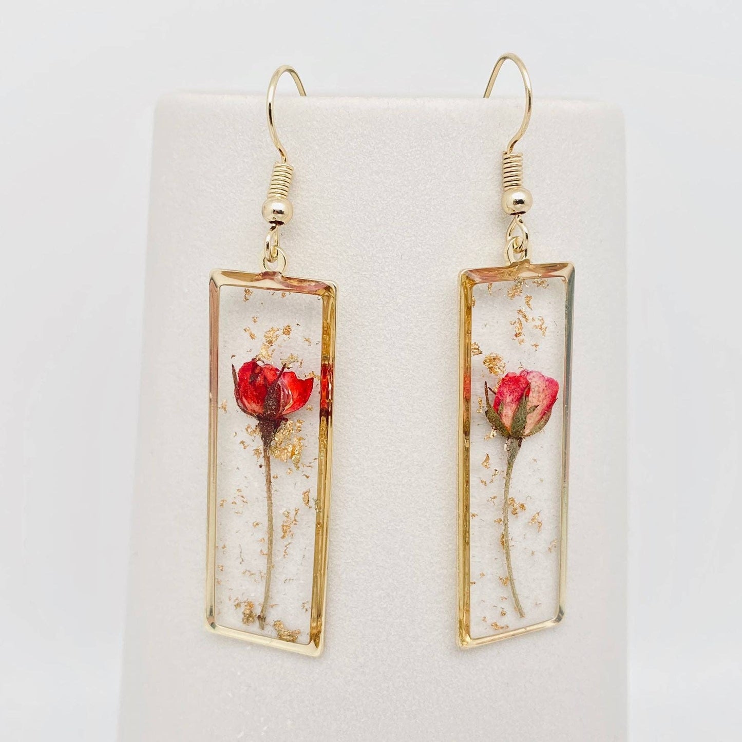 Rectangular Genuine Rose Dried Flowers Dangle Earrings, Gold Color