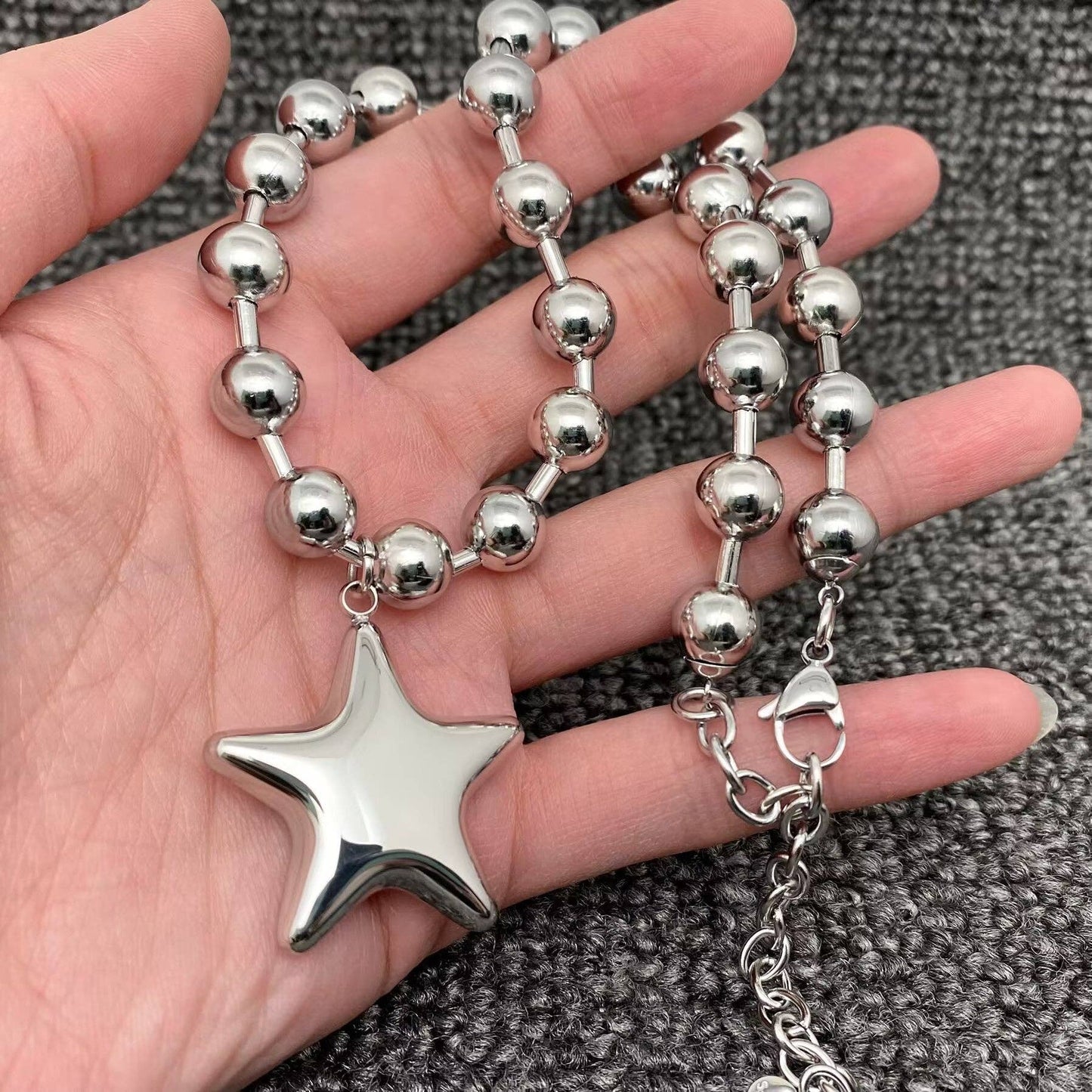 Glossy Big Star Charm Metal Beaded Necklace, Stainless Steel Silver Color