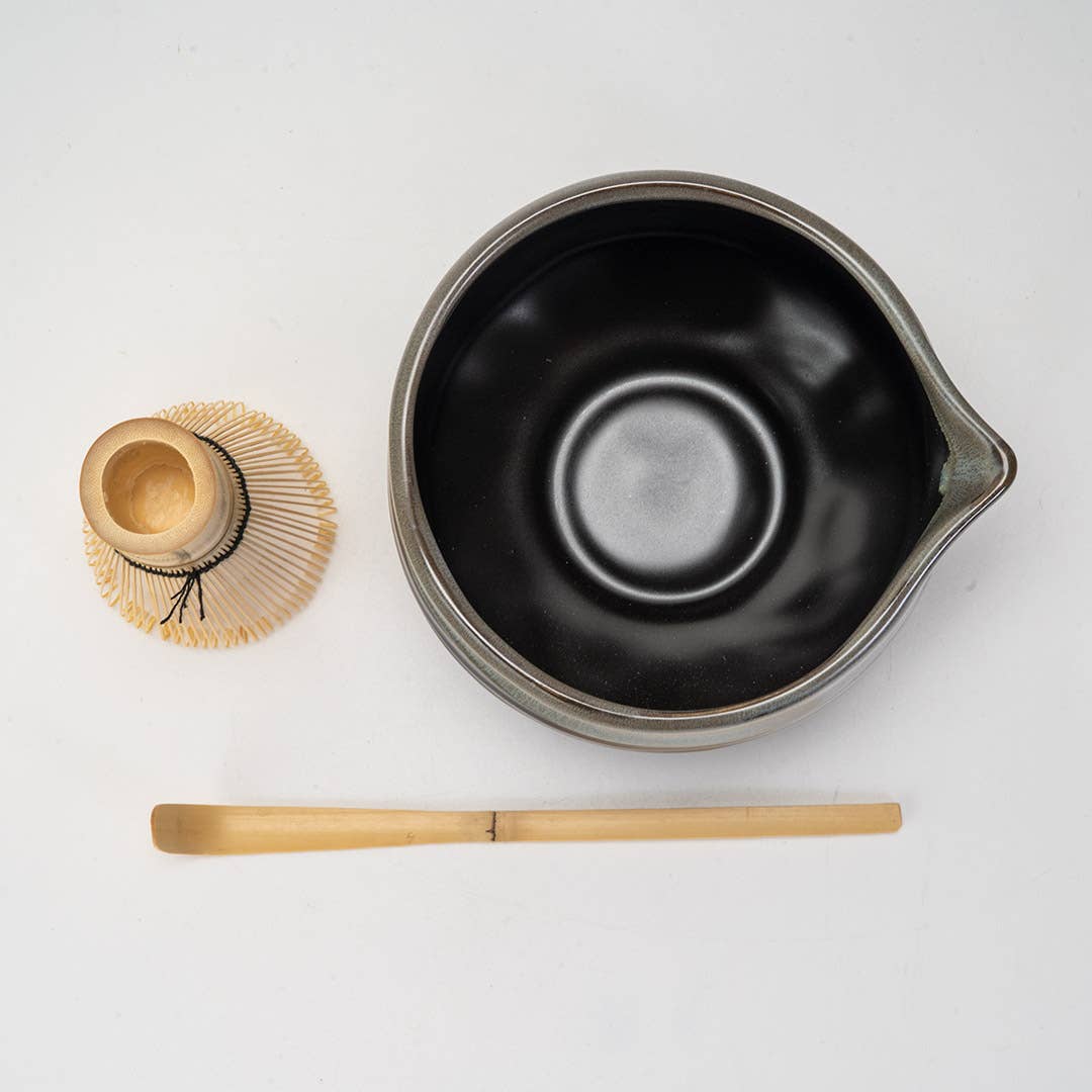 Gray Black Matcha Set, 20oz Porcelain Latte Bowl with Whisk and Scoop
