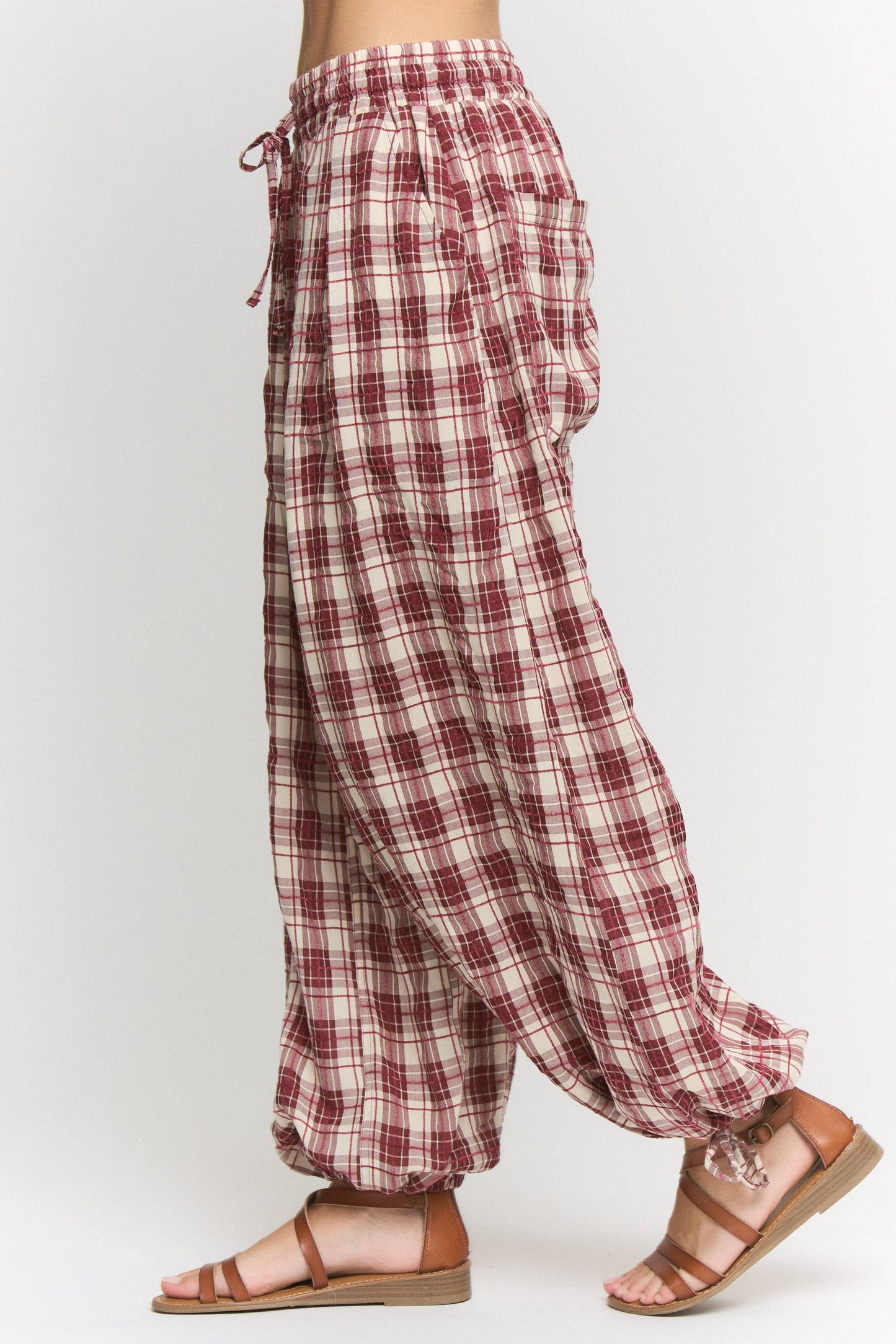 Plus Size, Wine Maroon Plaid Cinched Stretch Pants