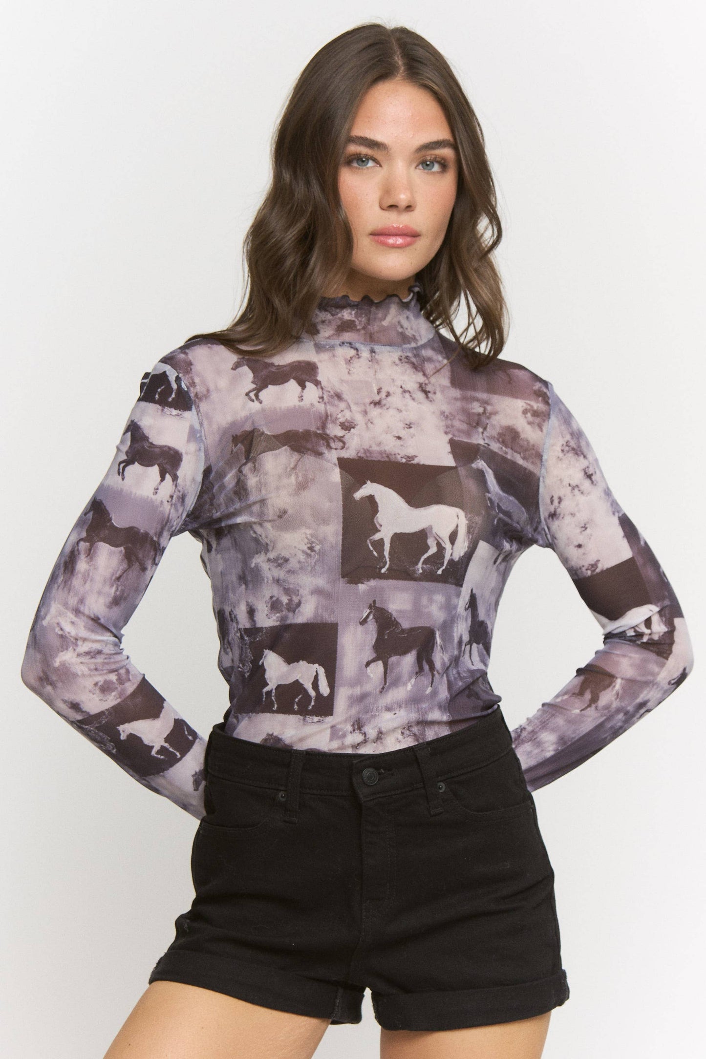Plus Size, Horse Print Mesh Mock Neck Long Sleeve Top