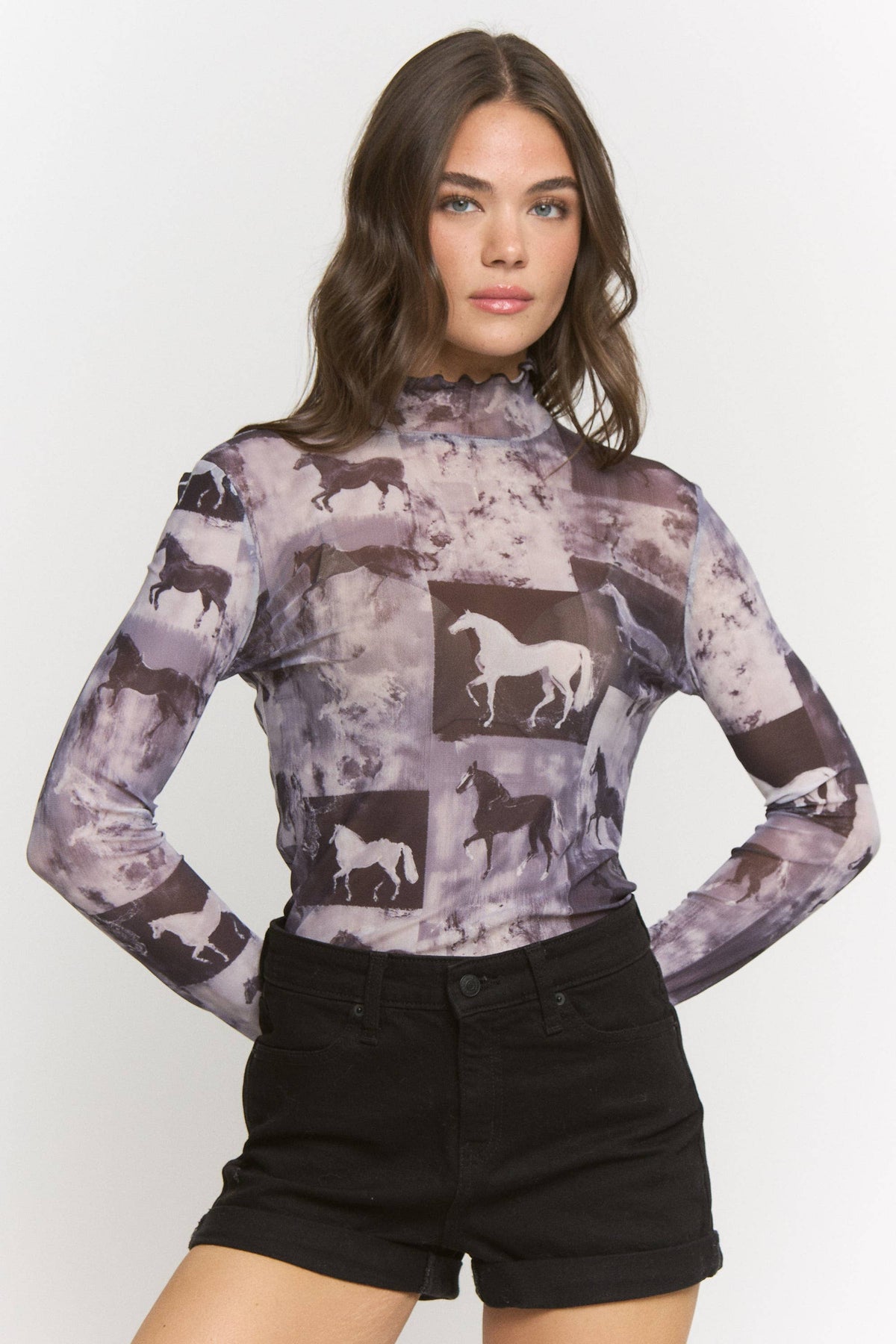 Plus Size, Horse Print Mesh Mock Neck Long Sleeve Top