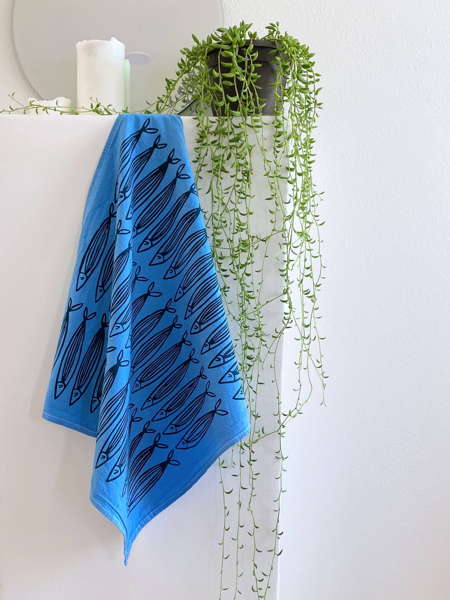 Julie Peach • Silkscreened Tea Towel, Blue Sardines