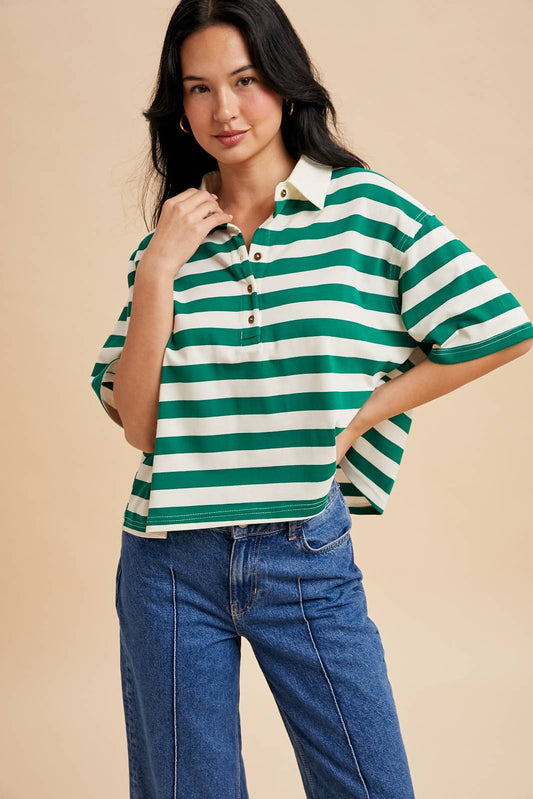 In Loom • Striped Rugby Oversized Boxy Cropped Polo Top