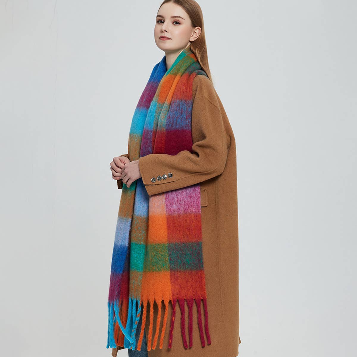 Chunky Plaid Scarf with Fringes