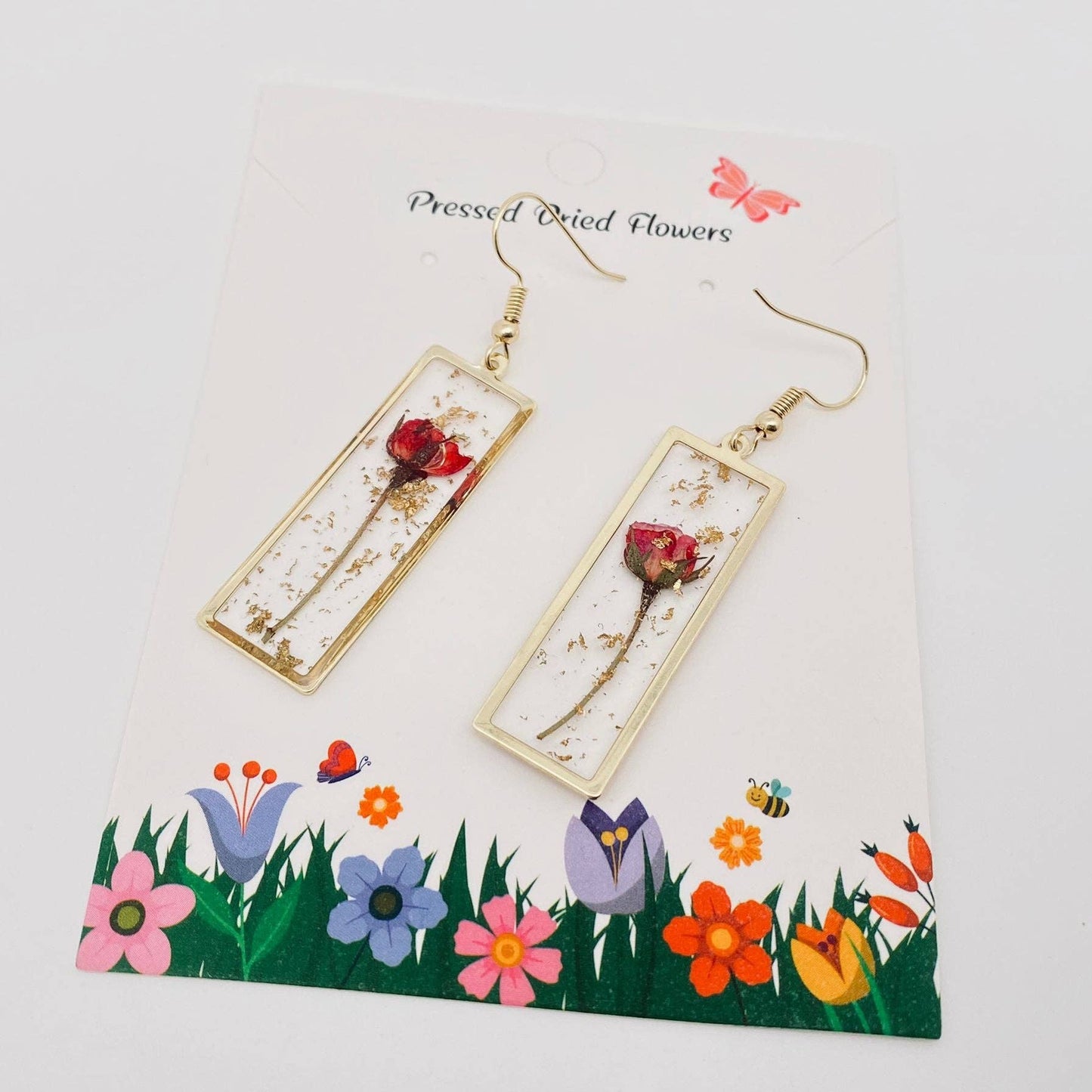 Rectangular Genuine Rose Dried Flowers Dangle Earrings, Gold Color