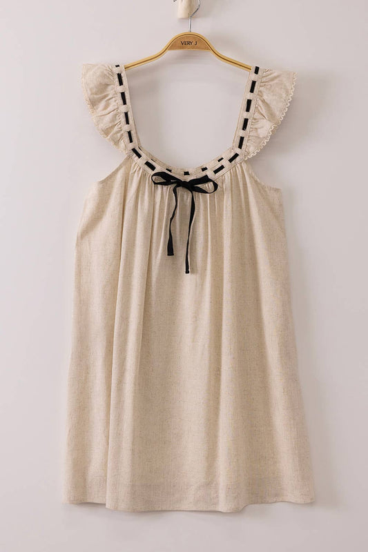 Front Tie Ruffle Sleeve Woven Mini Shift Dress
