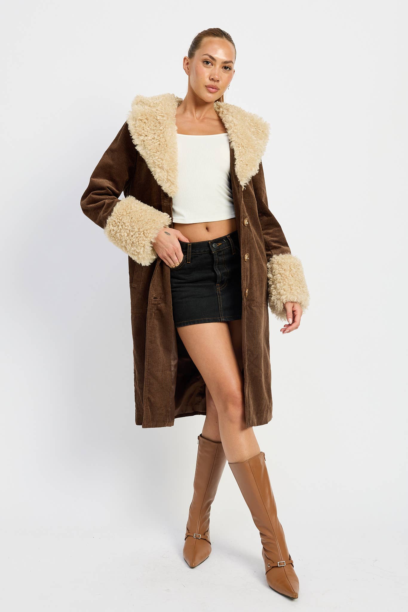 Emory Park • Mid-Length Trench Coat, Faux White Fur