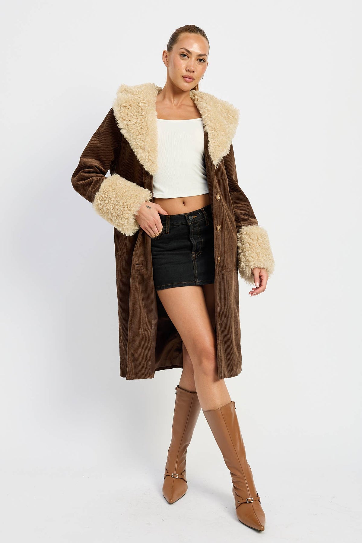 Emory Park • Mid-Length Trench Coat, Faux White Fur