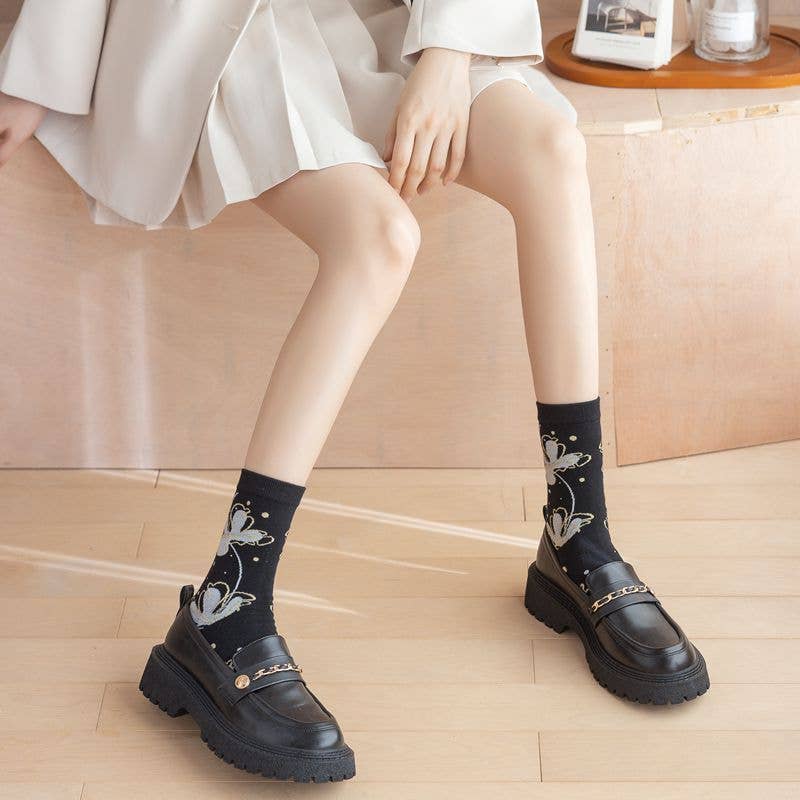 Black and White Floral Patterned Socks