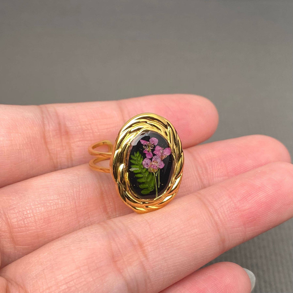 Dried Flower Adjustable Floral Rings, 18k Gold Plated