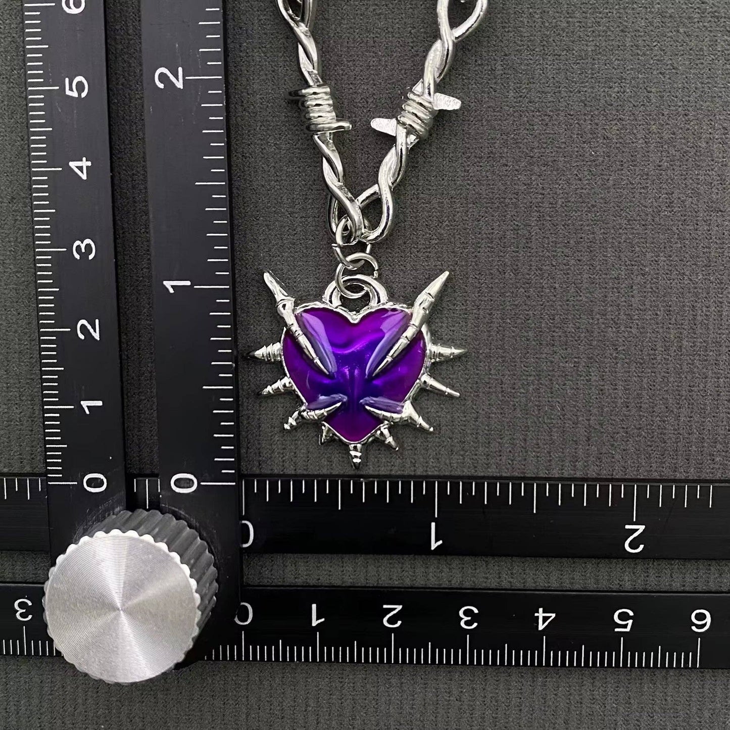 Gothic Purple Thorns Drippy Heart Dagger Charm Barbed-Wire Necklace, Silver Color