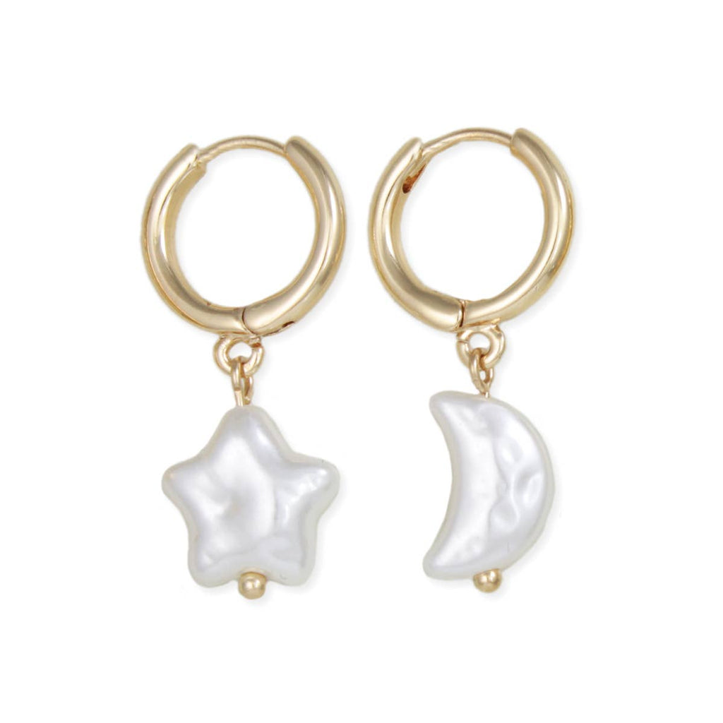 Celestial Pearls Moon Star Gold Color Hoop Earrings