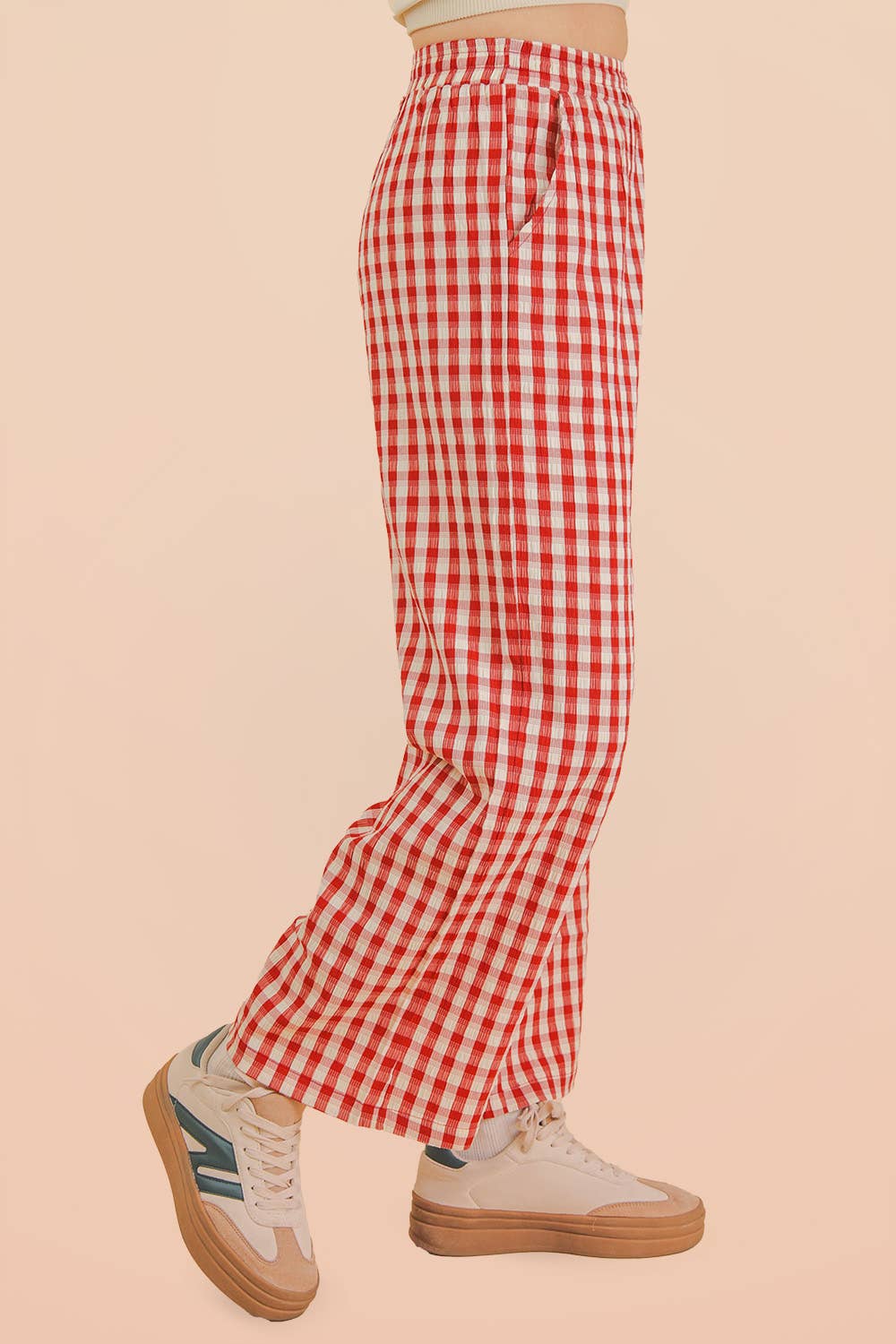 VERY J • Gingham Casual Elastic Relaxed Bottom Pants