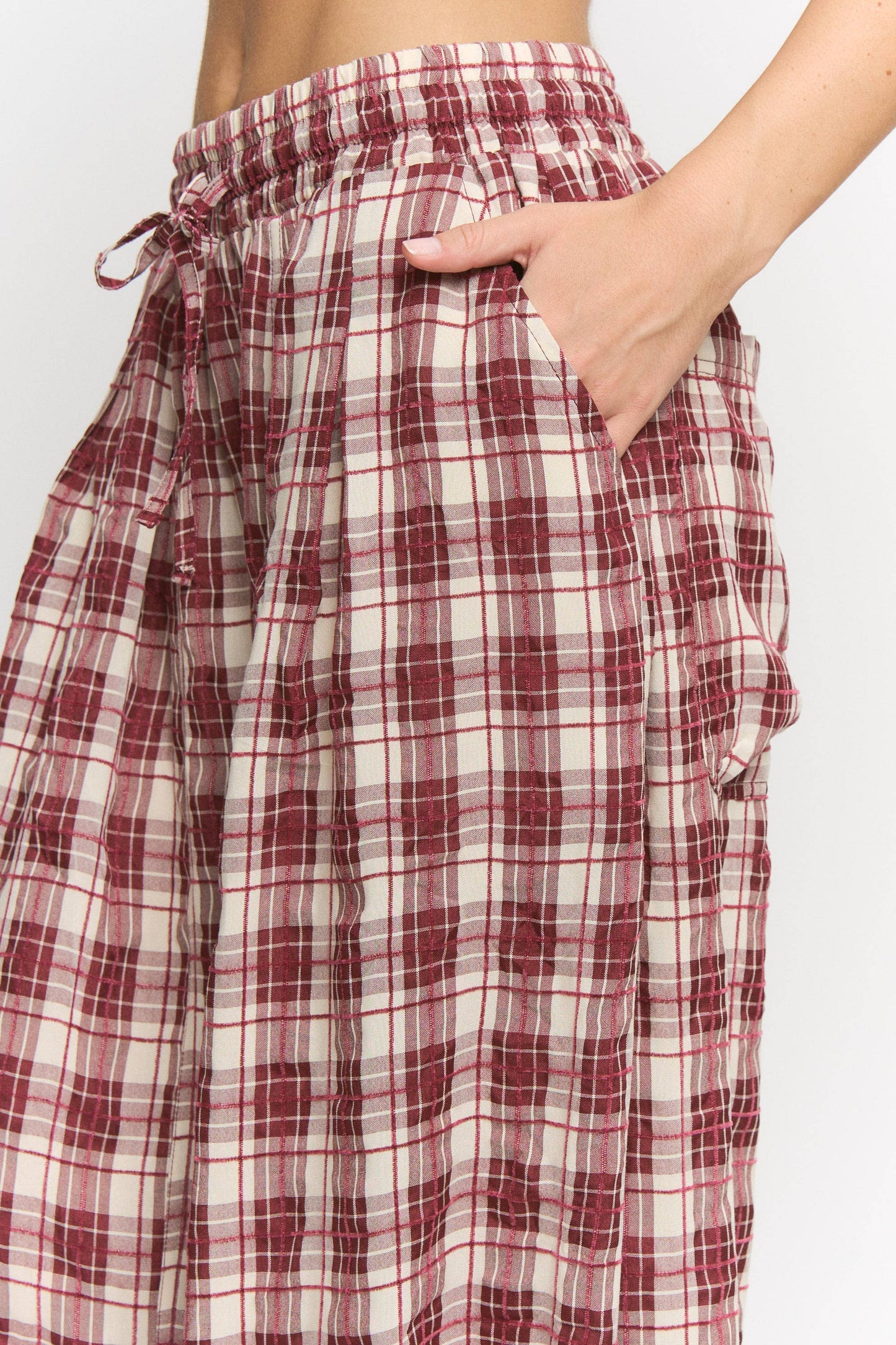 Plus Size, Wine Maroon Plaid Cinched Stretch Pants