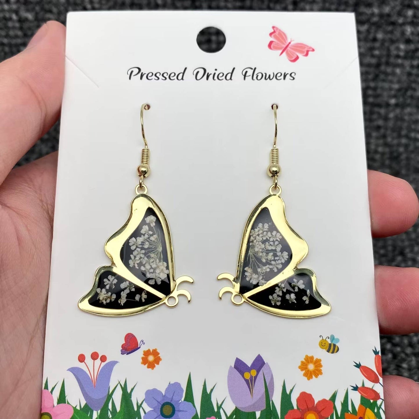 Queen Anne's Lace Dried Flower Black Butterfly Gold Colored Earrings
