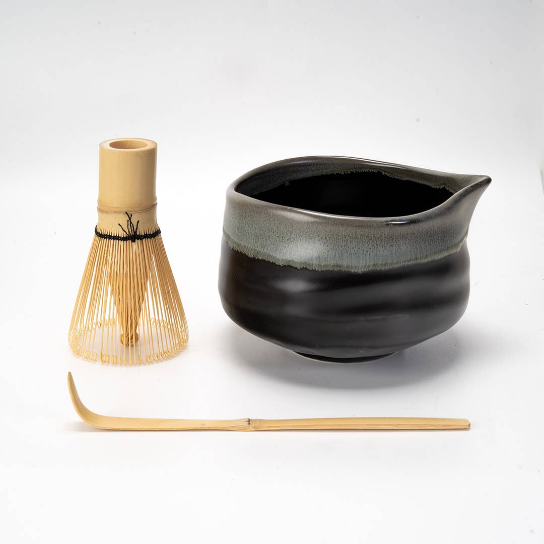 Gray Black Matcha Set, 20oz Porcelain Latte Bowl with Whisk and Scoop