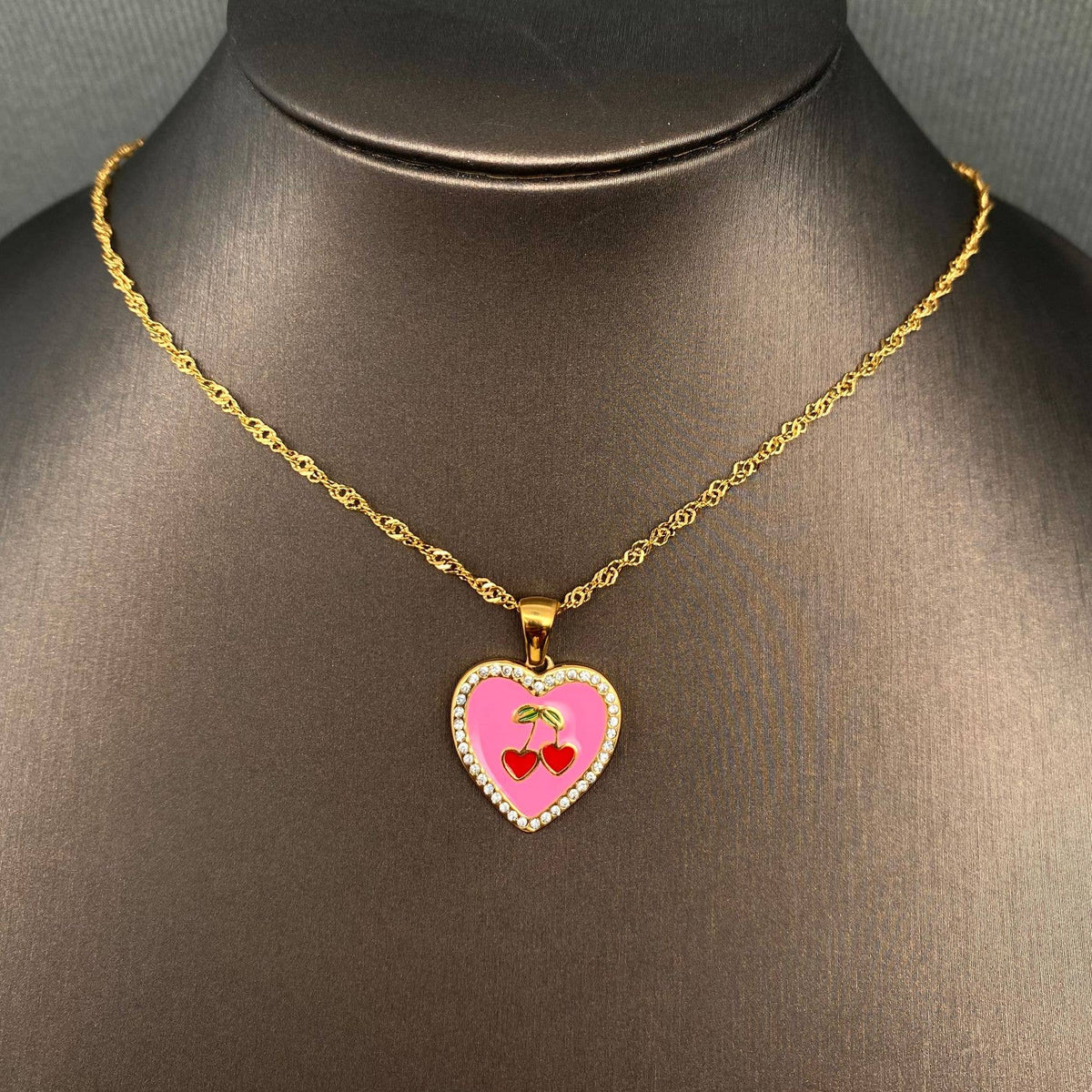 Enamel Cherry Heart Charm Necklace, 18K Gold Plated