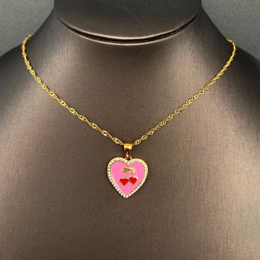 Enamel Cherry Heart Charm Necklace, 18K Gold Plated