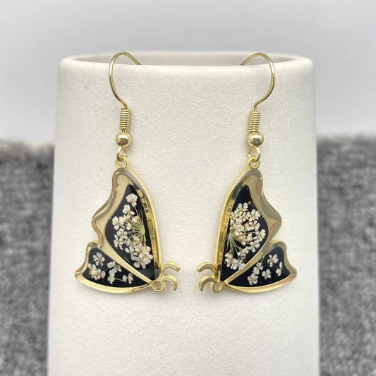 Queen Anne's Lace Dried Flower Black Butterfly Gold Colored Earrings