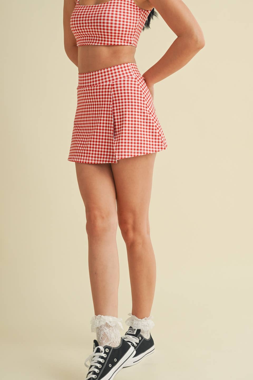 Gingham Print Side Slit A-Line Skort