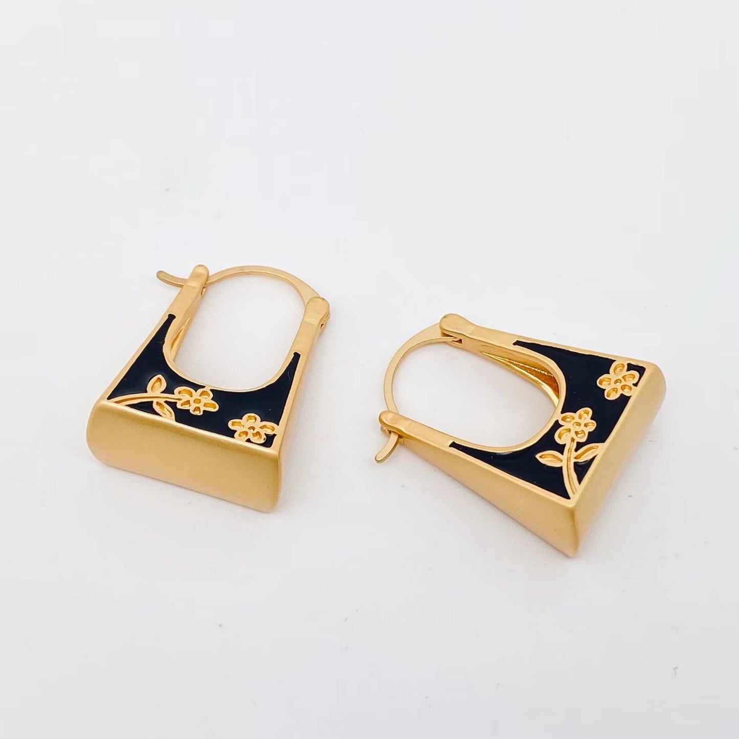 Black Enamel Flower Drop Design Huggie Earrings, Gold Color