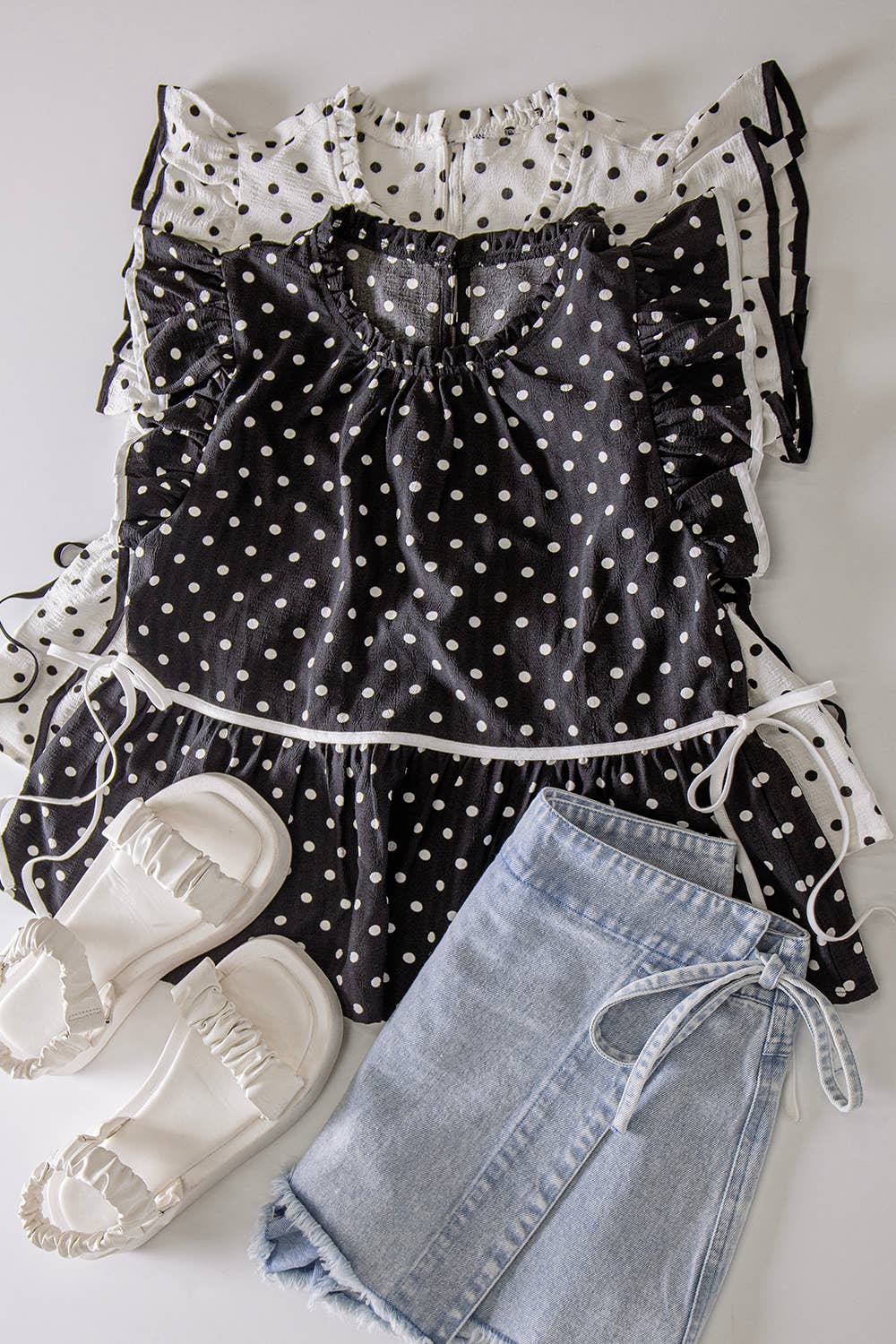 Romantic Black & White Polka Dot Ruffle Blouse