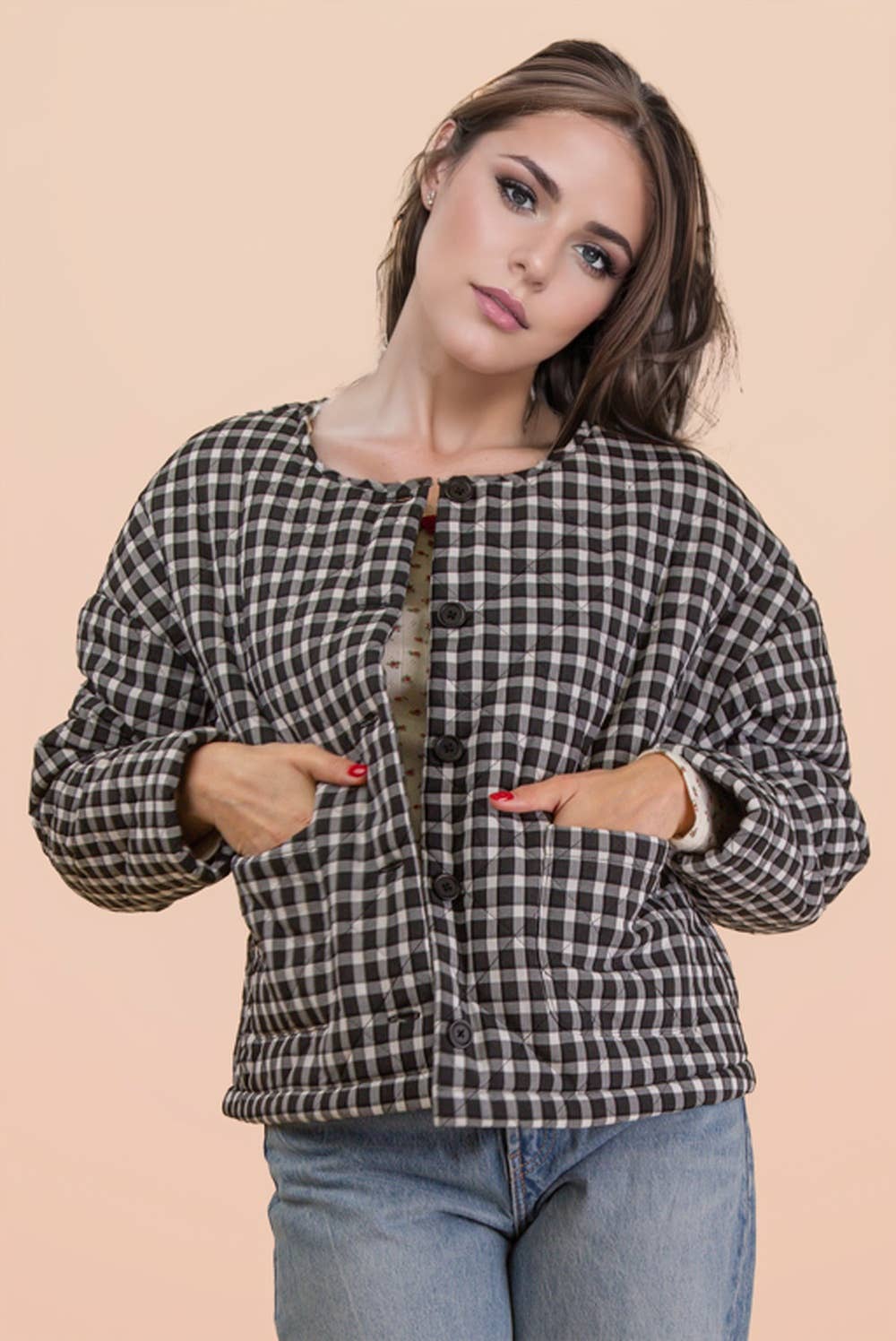 Very J • Gingham Quilt Oversized Casual Jacket