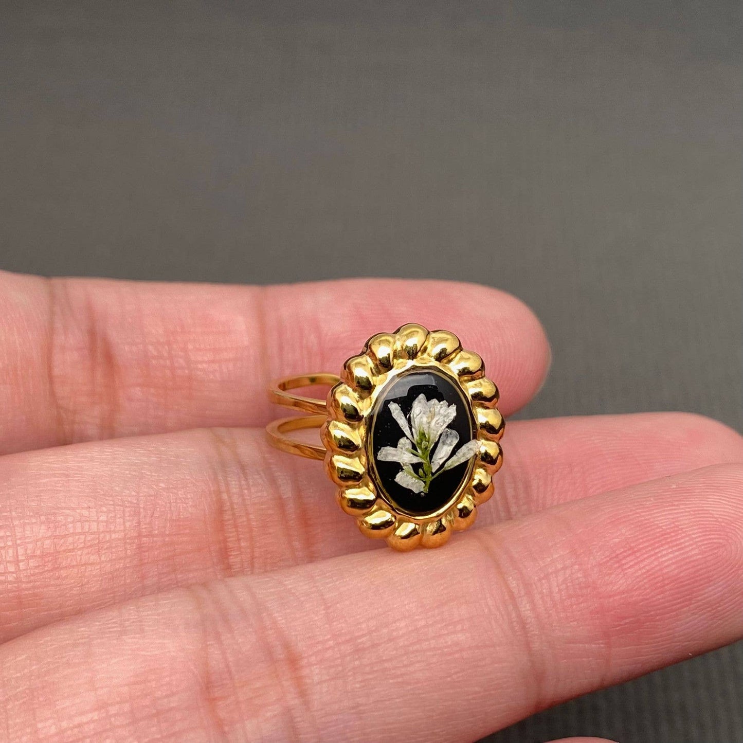 Dried Flower Adjustable Floral Rings, 18k Gold Plated