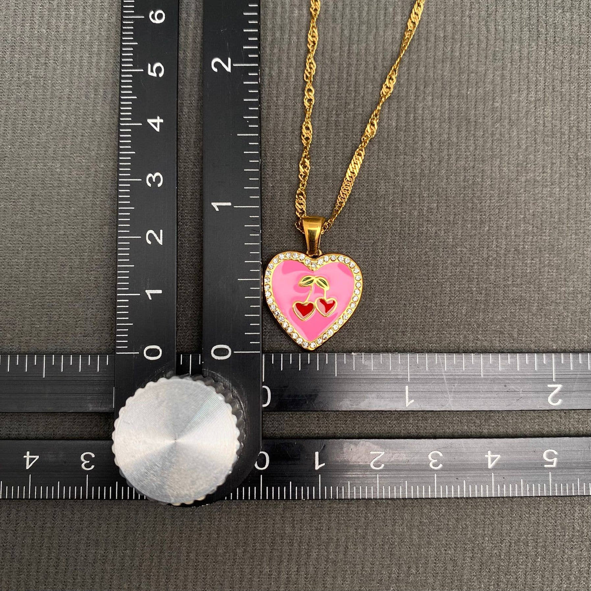 Enamel Cherry Heart Charm Necklace, 18K Gold Plated
